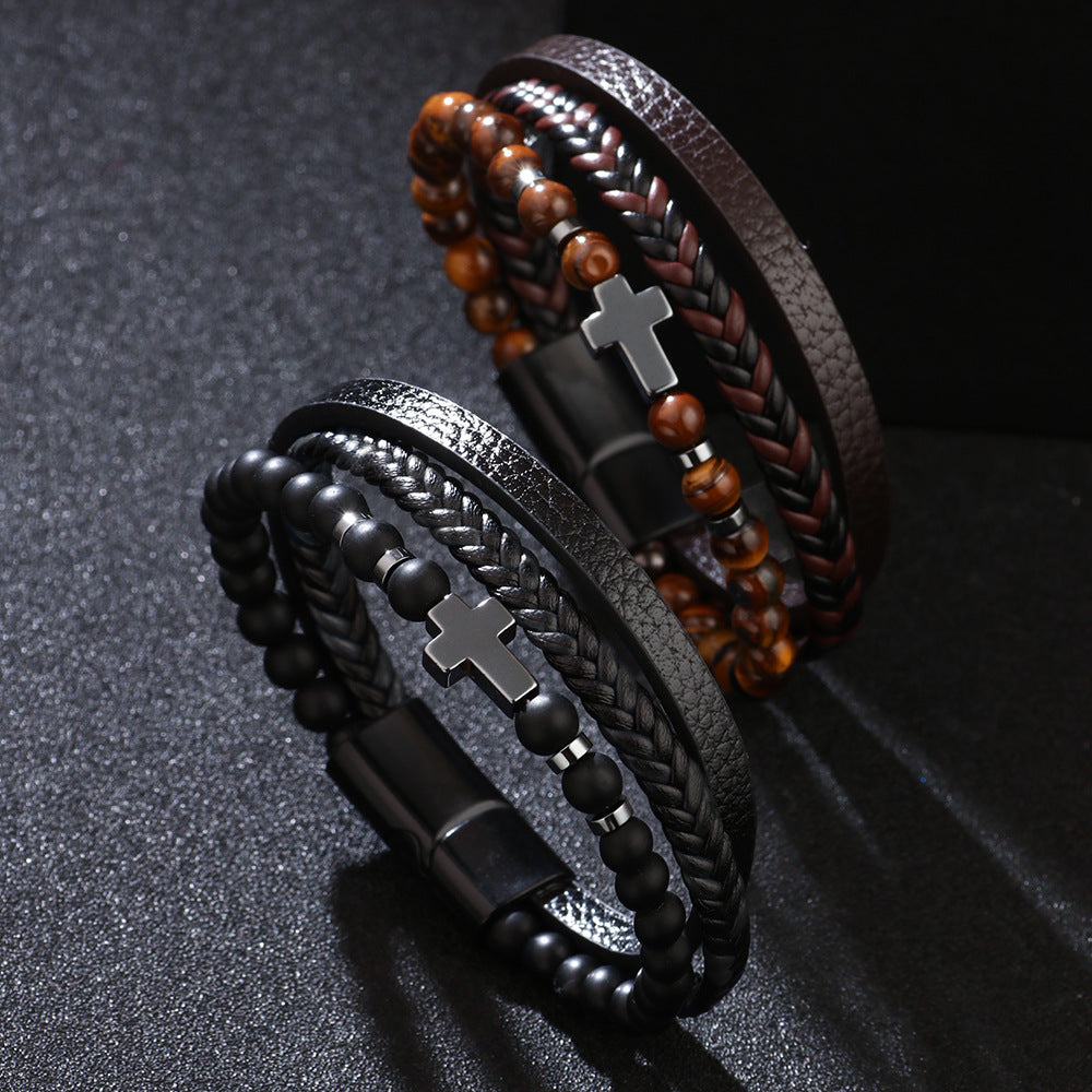 Tiger's Eye or Black Frosted Layered Men's Metal Bracelet