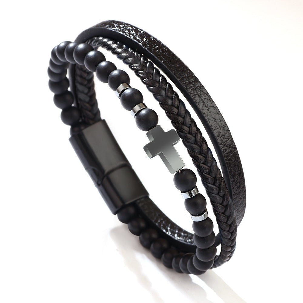 Tiger's Eye or Black Frosted Layered Men's Metal Bracelet