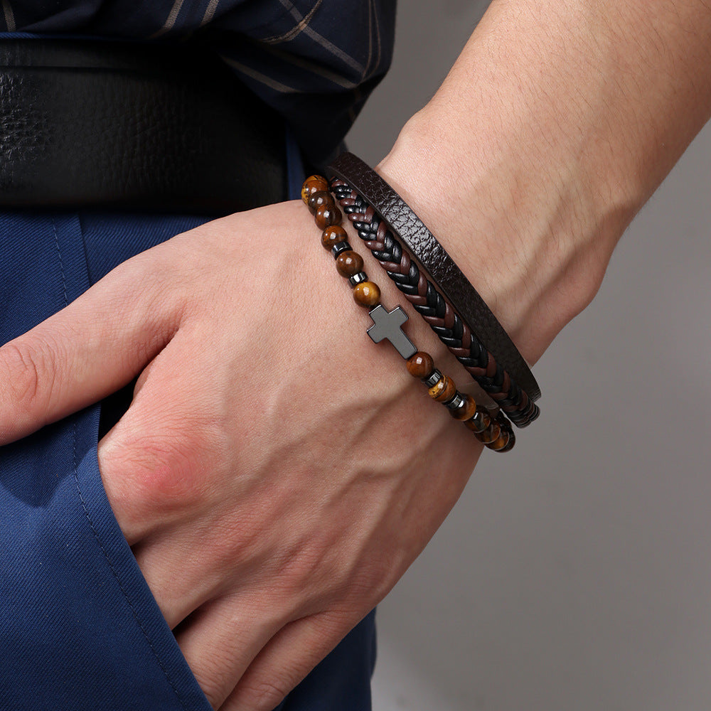 Tiger's Eye or Black Frosted Layered Men's Metal Bracelet