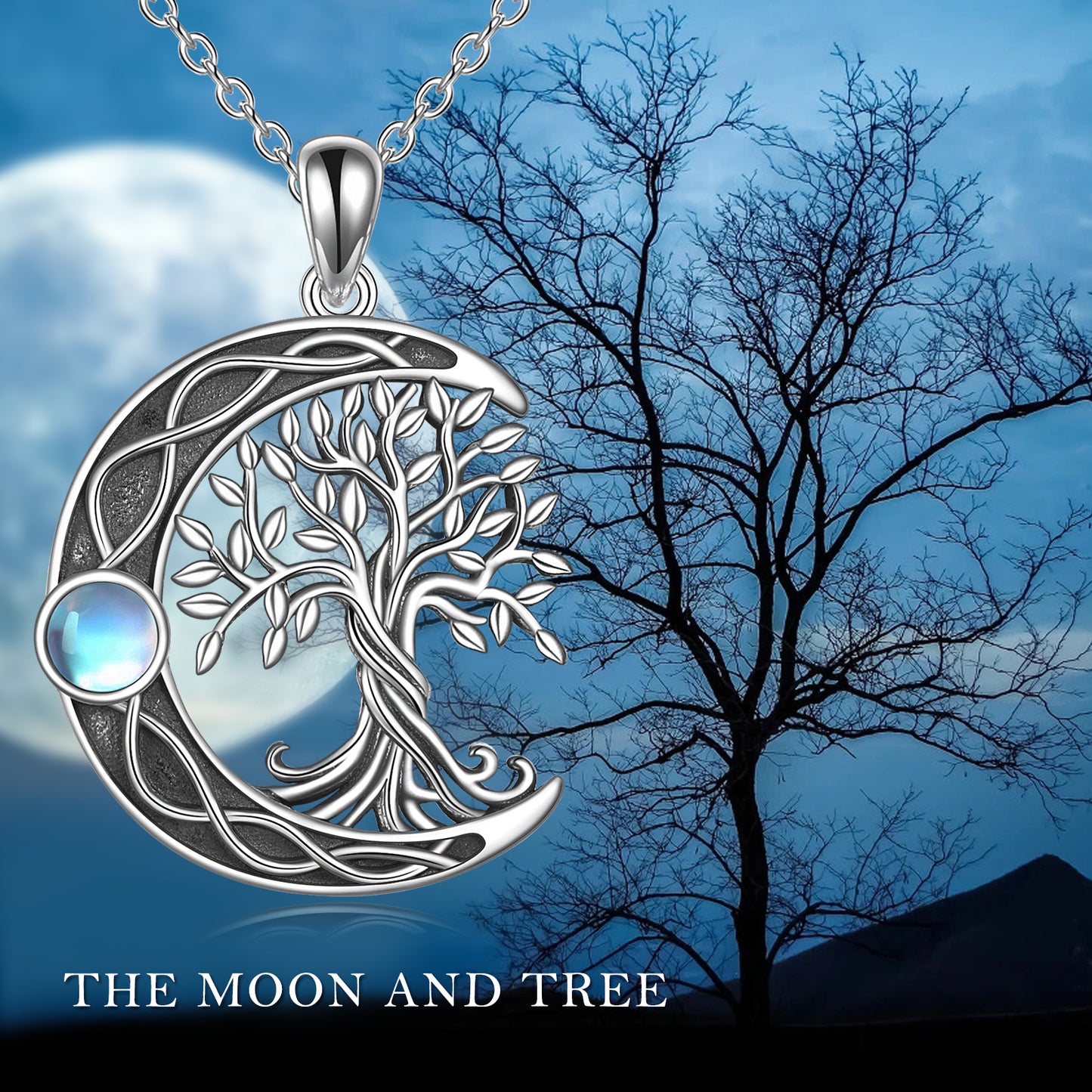 Celtic Knot Moon Tree of Life 925 Sterling Silver Moonstone Necklace