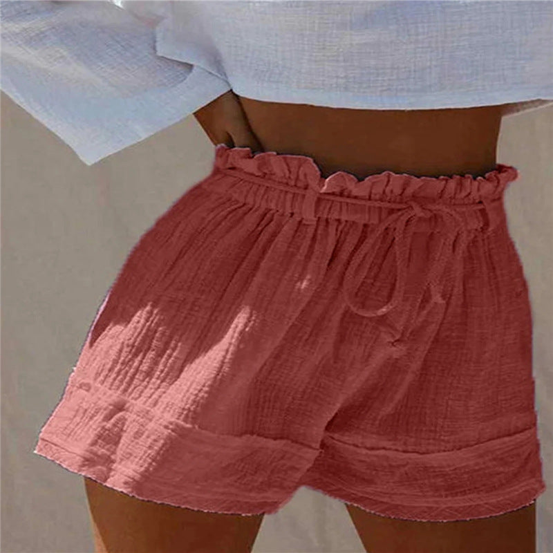 Loose Pleated High Waist Cotton and Linen Boho Shorts with Elastic Belt