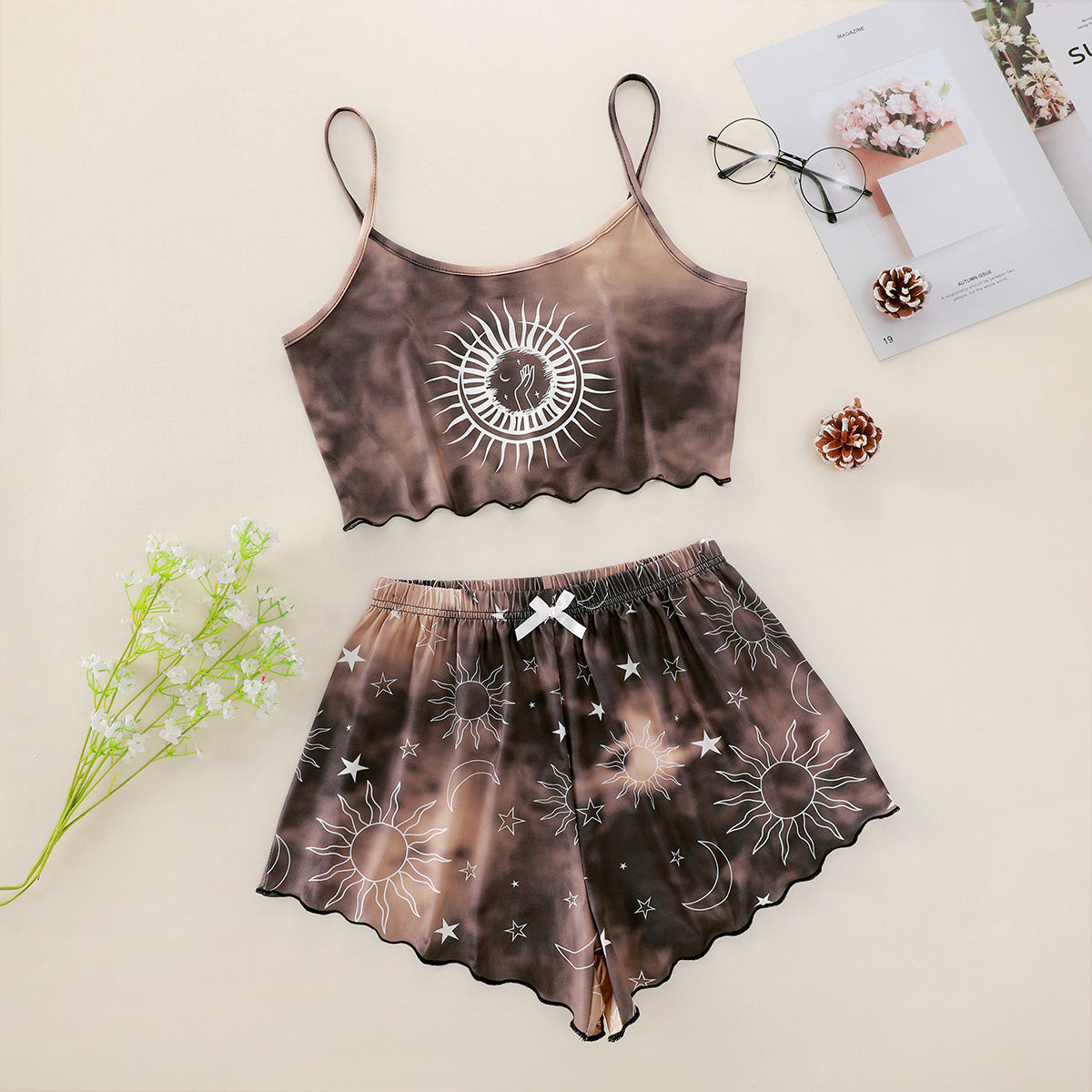 Sun Moon Print Shorts & Tank Pajama Set (Choose Color)