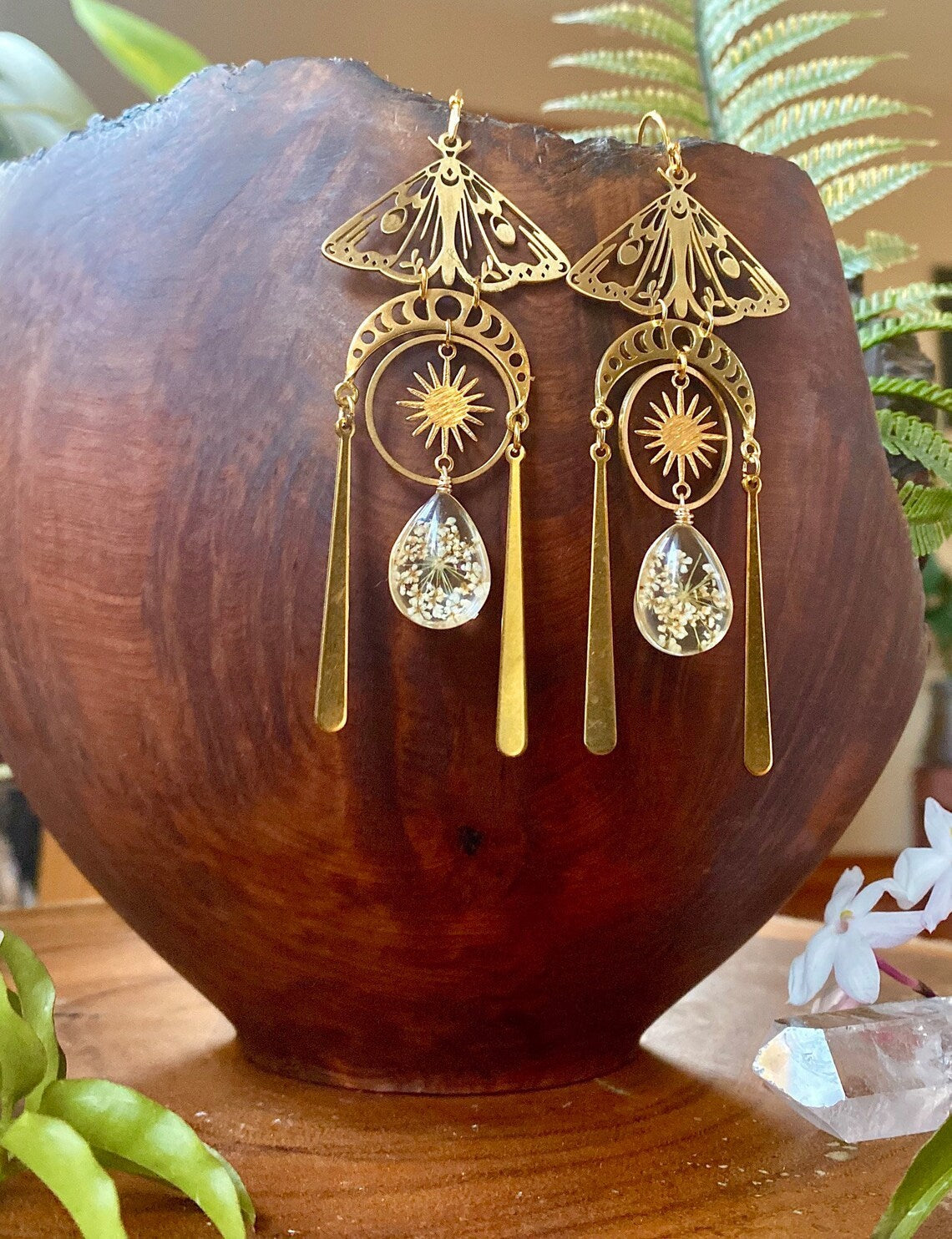 Resin Sun, Moon, Moth Crystal Drop Boho Earrings