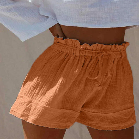 Loose Pleated High Waist Cotton and Linen Boho Shorts with Elastic Belt