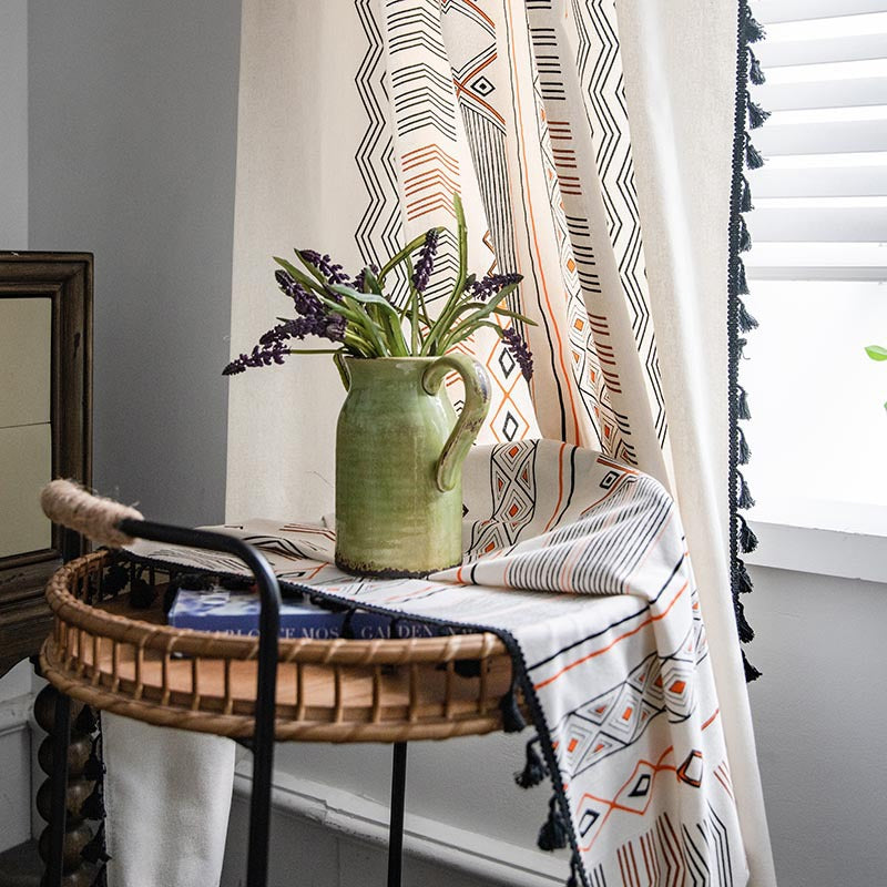 Boho Cream Cotton & Linen Semi-Blackout Print Sunshade Curtain