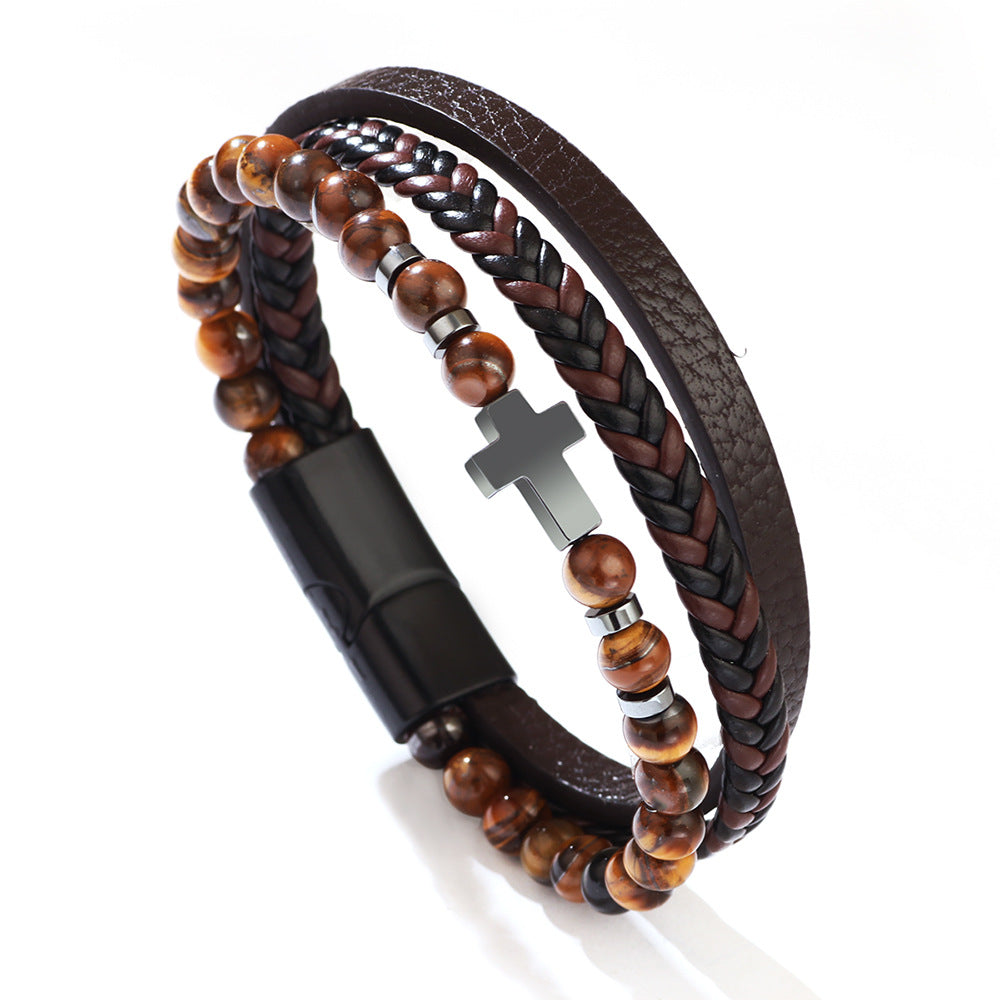 Tiger's Eye or Black Frosted Layered Men's Metal Bracelet