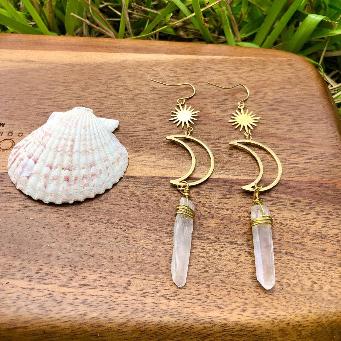 Crescent Moon/Sun Quartz Crystal Earrings