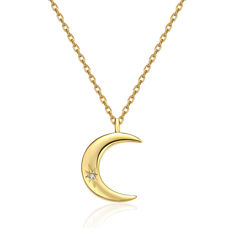 925 Sterling Silver Necklace Single Diamond Moon Necklace