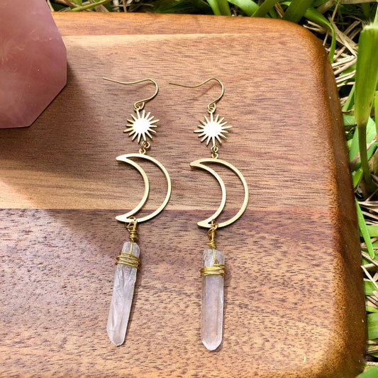 Crescent Moon/Sun Quartz Crystal Earrings