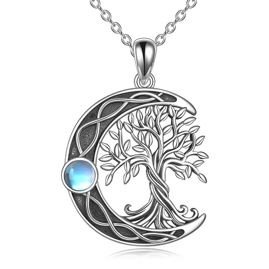 Celtic Knot Moon Tree of Life 925 Sterling Silver Moonstone Necklace