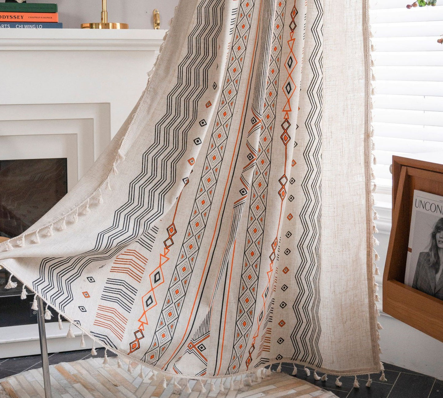 Boho Cream Cotton & Linen Semi-Blackout Print Sunshade Curtain