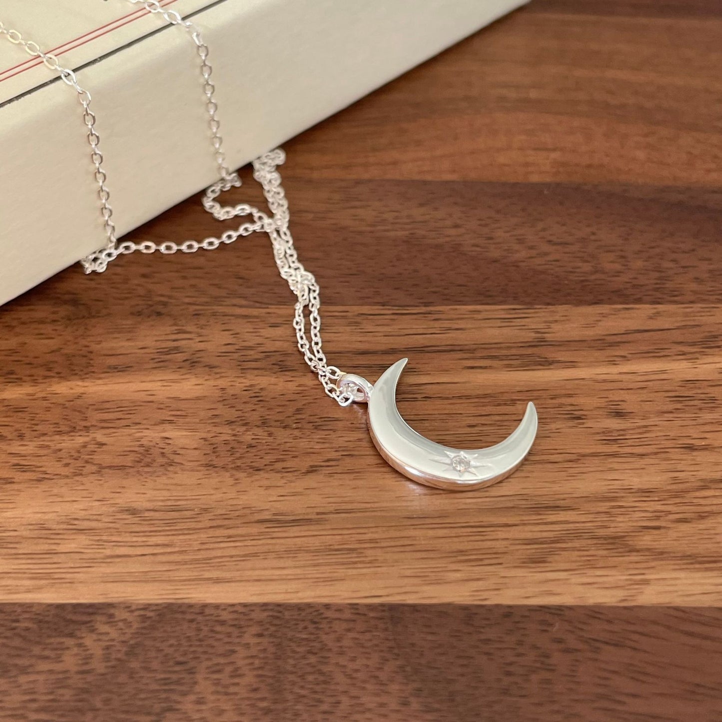 925 Sterling Silver Necklace Single Diamond Moon Necklace