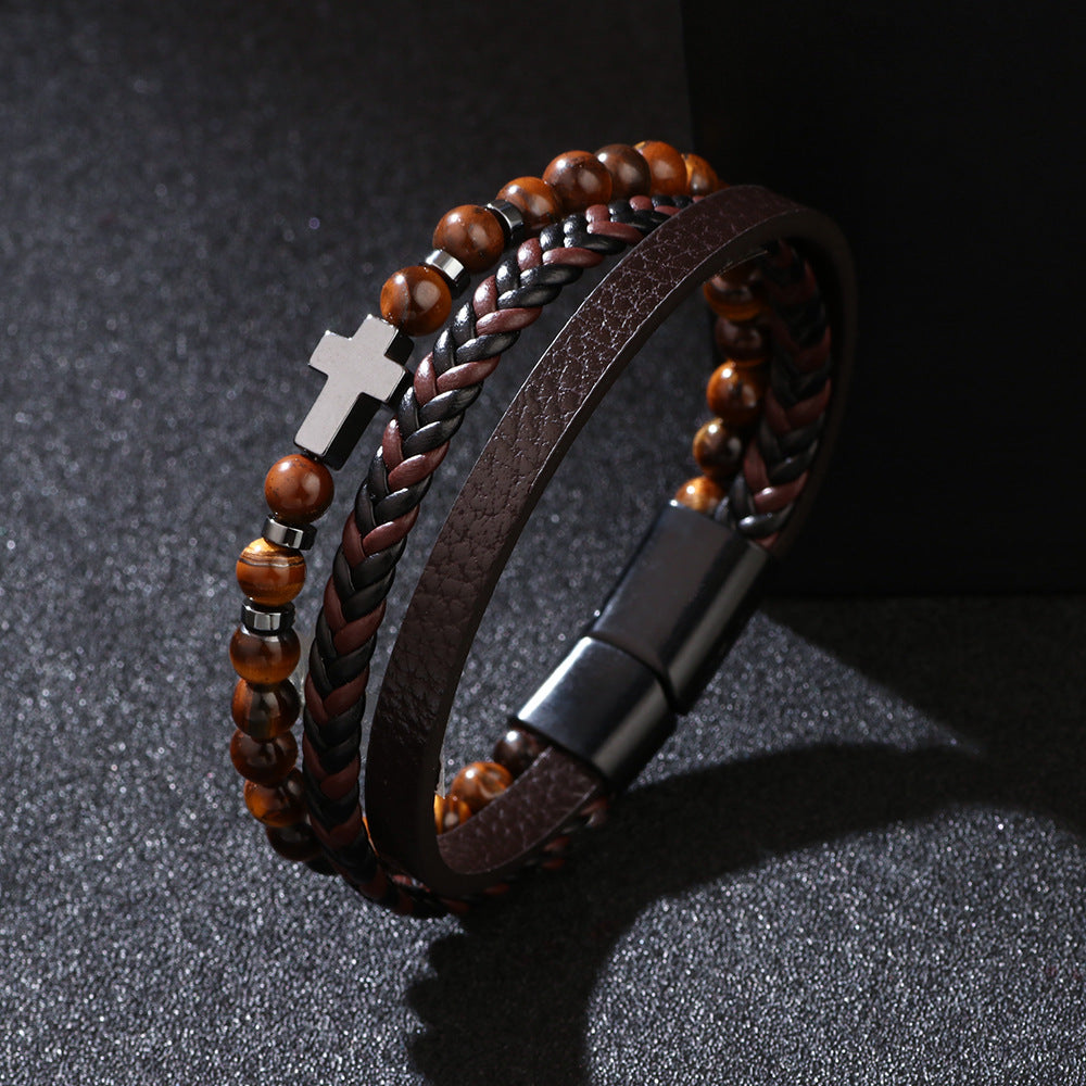 Tiger's Eye or Black Frosted Layered Men's Metal Bracelet