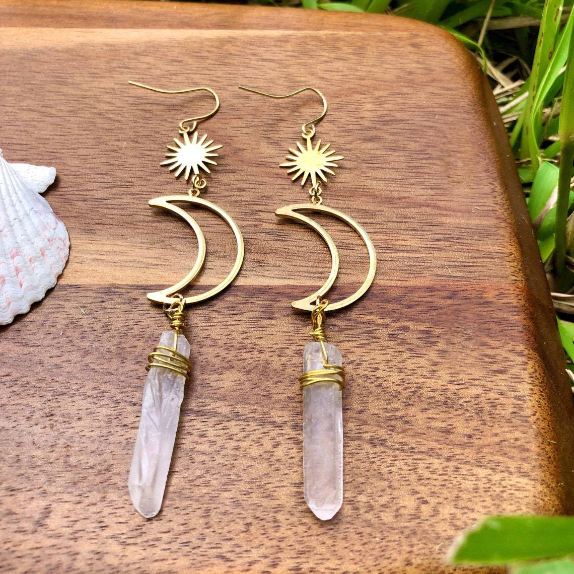 Crescent Moon/Sun Quartz Crystal Earrings