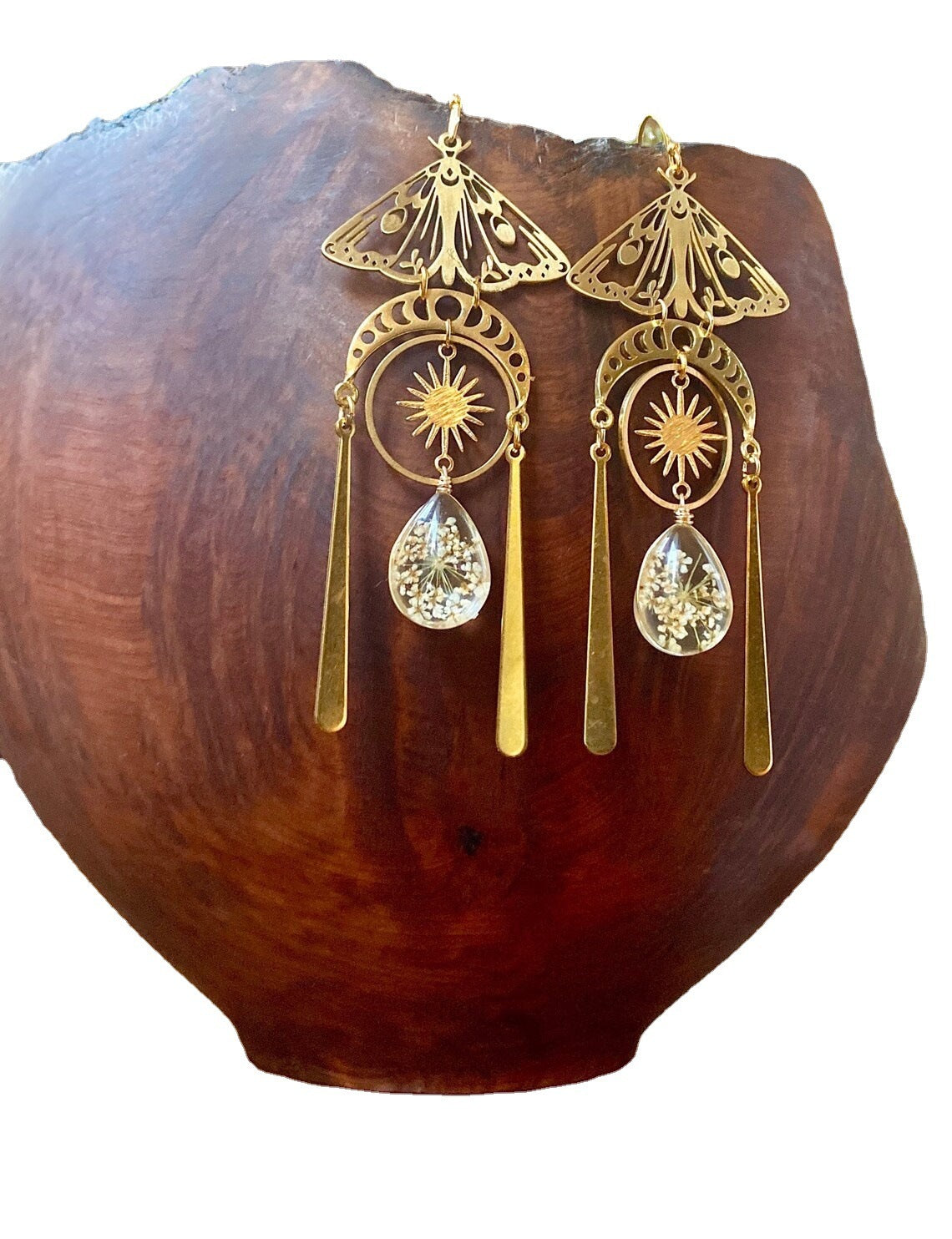 Resin Sun, Moon, Moth Crystal Drop Boho Earrings