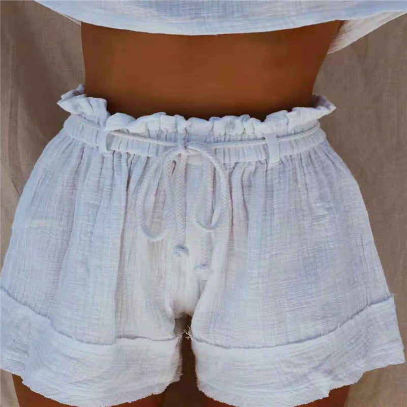 Loose Pleated High Waist Cotton and Linen Boho Shorts with Elastic Belt