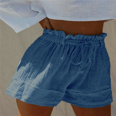 Loose Pleated High Waist Cotton and Linen Boho Shorts with Elastic Belt